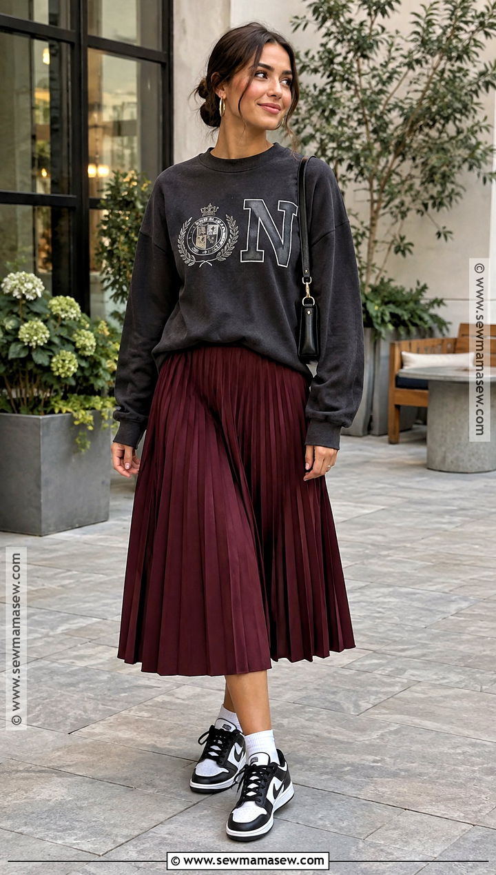 Nike Dunk Outfit With a Midi Skirt and Graphic Sweatshirt - 15 nike dunk fall outfit ideas