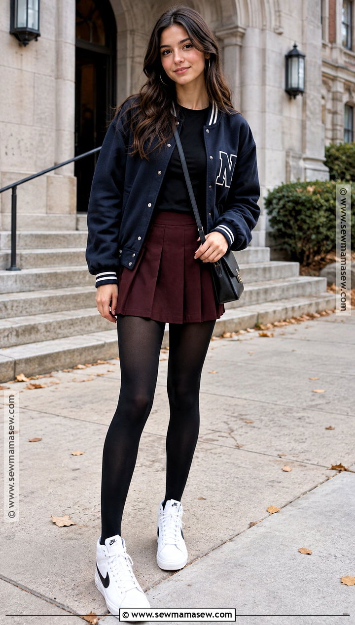 Nike High Tops With Varsity Jacket And Mini Skirt - 15 Nike Sneakers Fall Style
