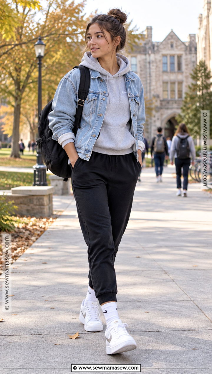 Nike Hoodie With Denim Jacket And Joggers - 15 nike hoodie fall fashion ideas