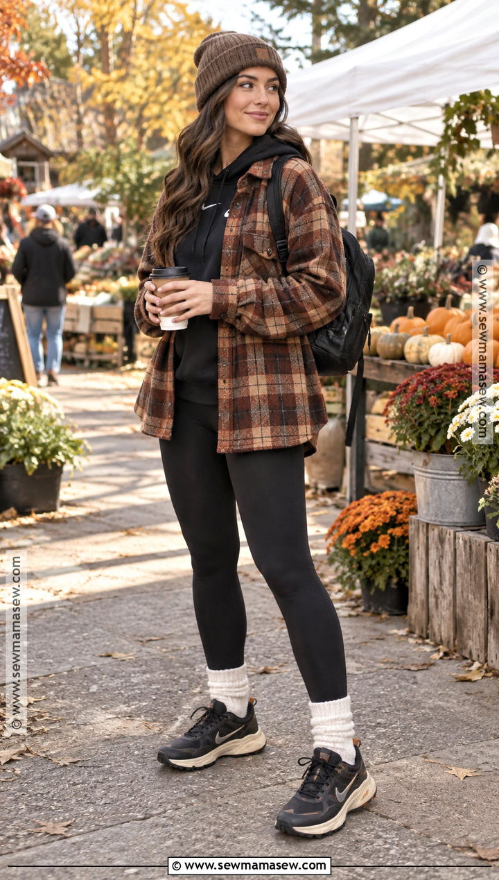 Nike Hoodie With Plaid Shacket And Leggings - 15 nike hoodie fall fashion ideas