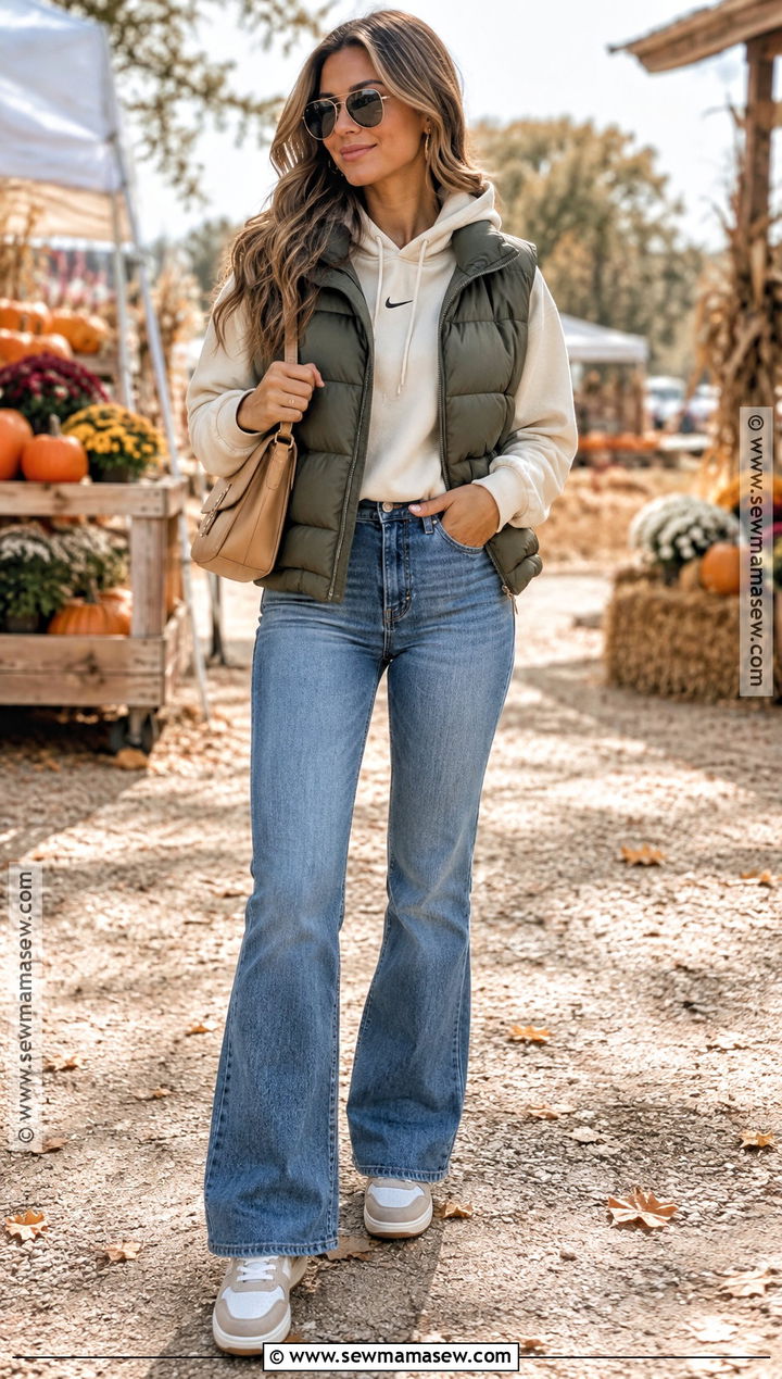 Nike Hoodie With Puffer Vest And Flared Jeans - 15 nike hoodie fall fashion ideas