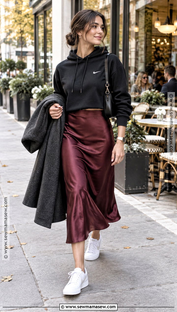 Nike Hoodie With Satin Midi Skirt - 15 nike hoodie fall fashion ideas