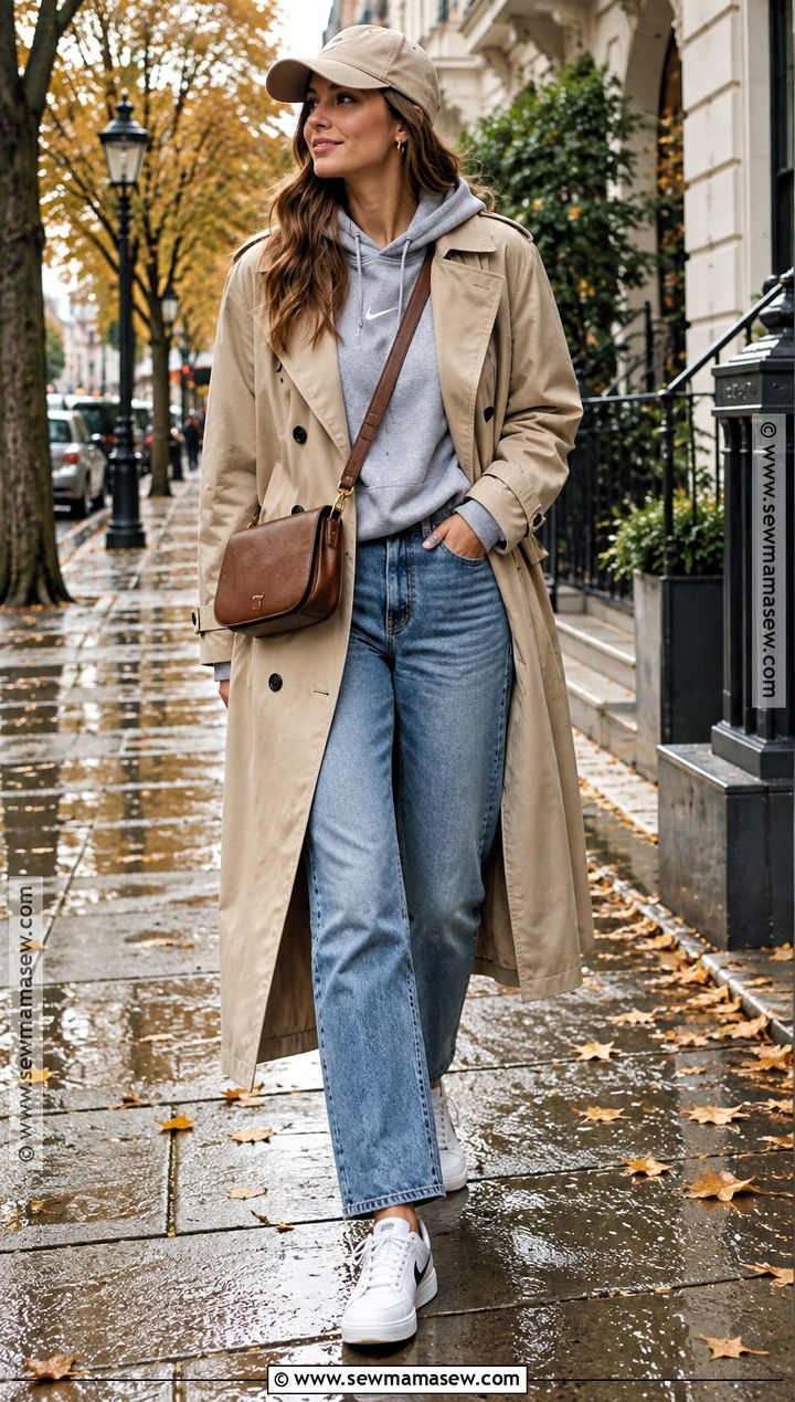 Nike Hoodie With Trench Coat And Jeans - 15 nike hoodie fall fashion ideas