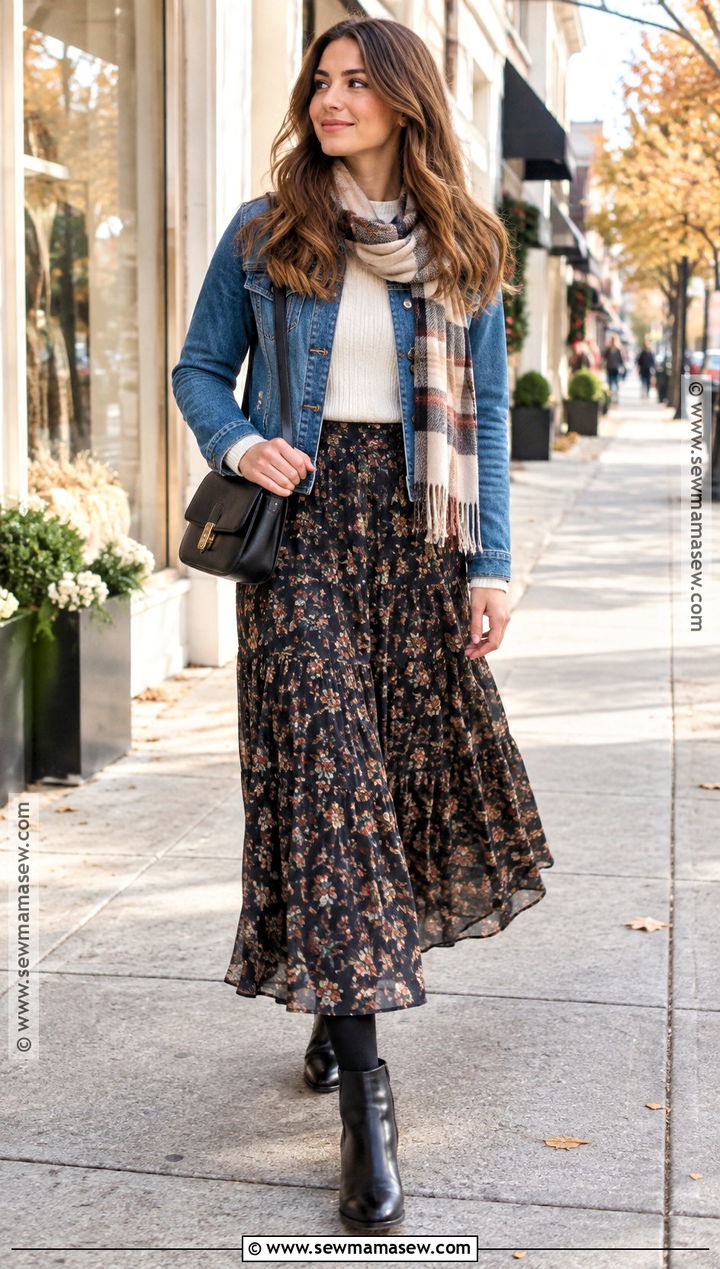 November Denim Jacket Sweater and Maxi Skirt Outfit - 20 november clothes