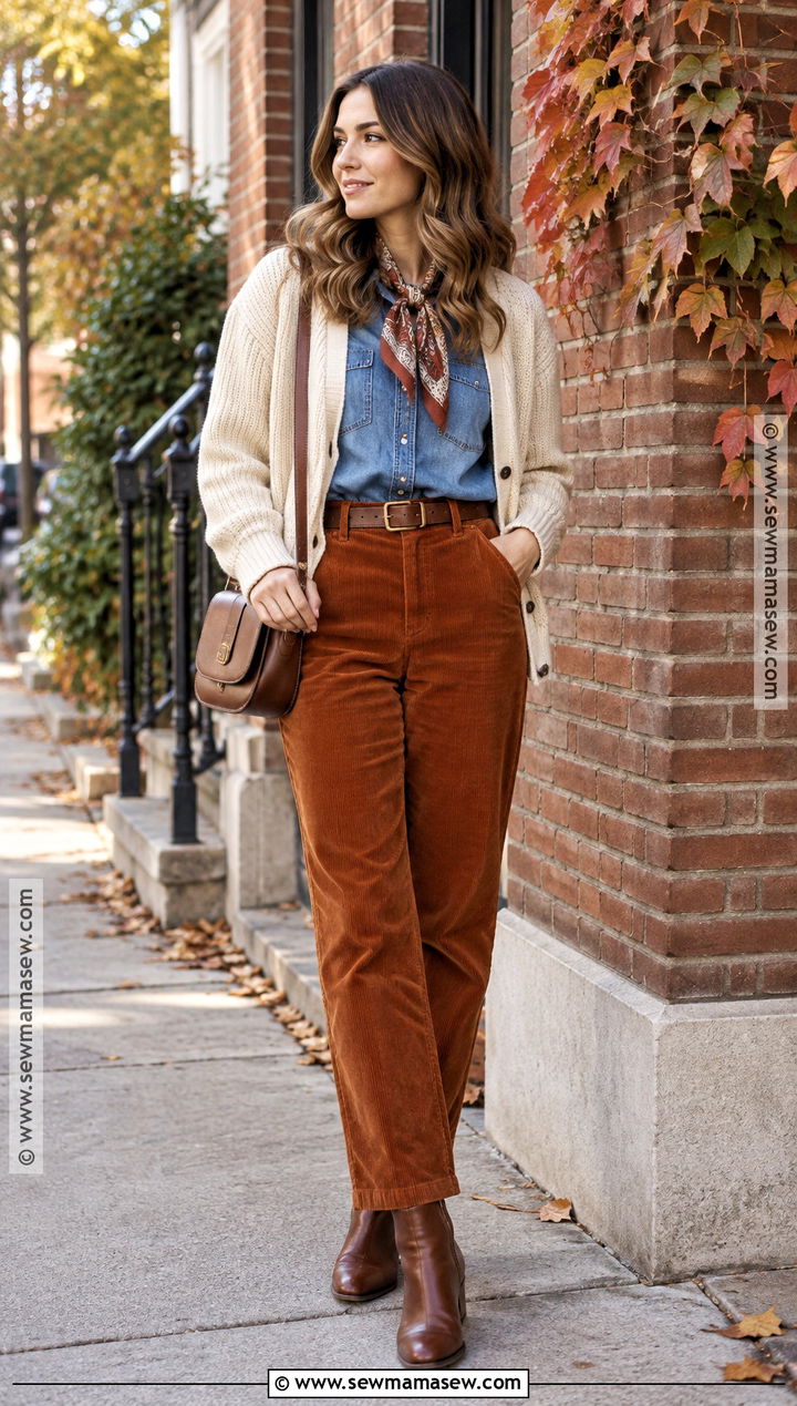 November Denim Shirt And Corduroy Pants Outfit - 15 november street style ideas