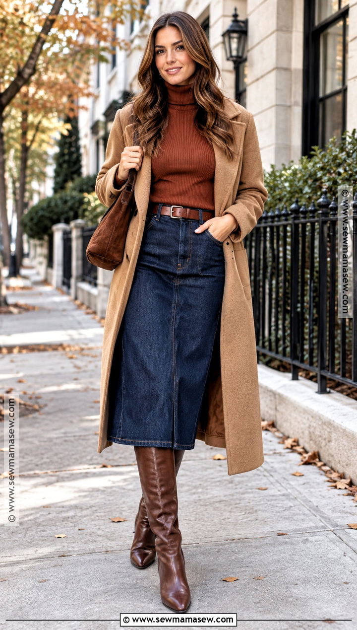 November Denim Skirt And Tall Boots Outfit - 25 november outfit ideas