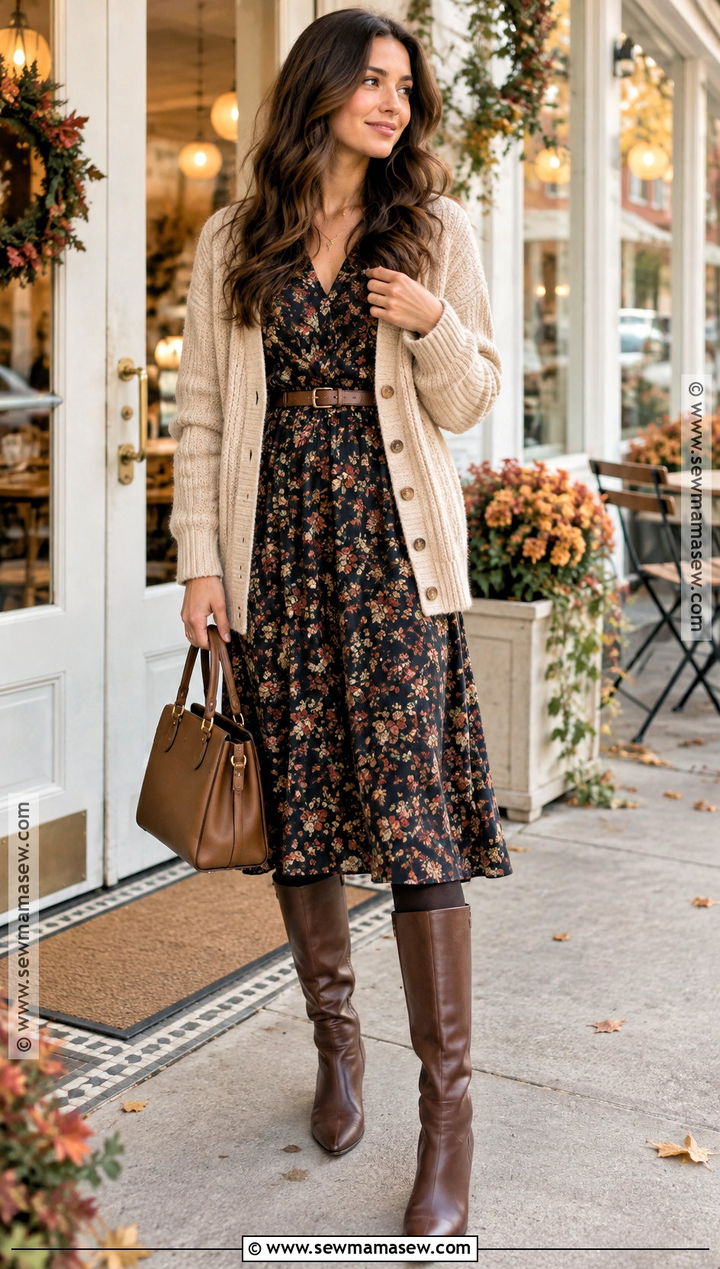 November Floral Dress and Cardigan Outfit - 15 November Style Challenge Ideas