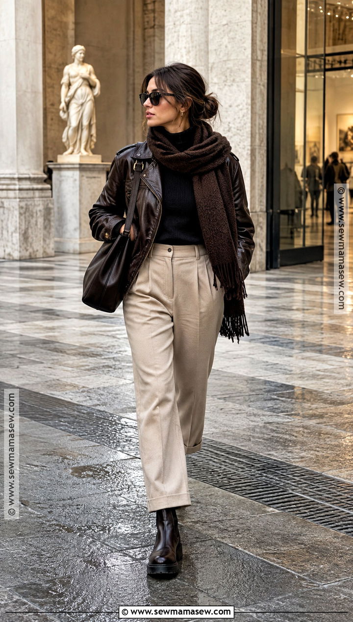November Italy Leather Jacket and Tailored Pants Outfit - 20 november italy outfits