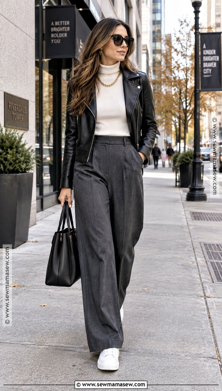 November Leather Jacket Outfit With Wide Leg Pants - 15 november outfits 2026