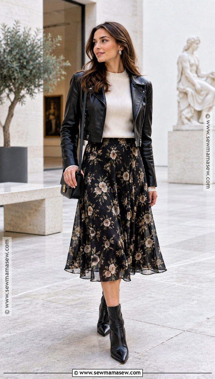 November Leather Jacket and Midi Skirt Outfit - 20 November Style Ideas