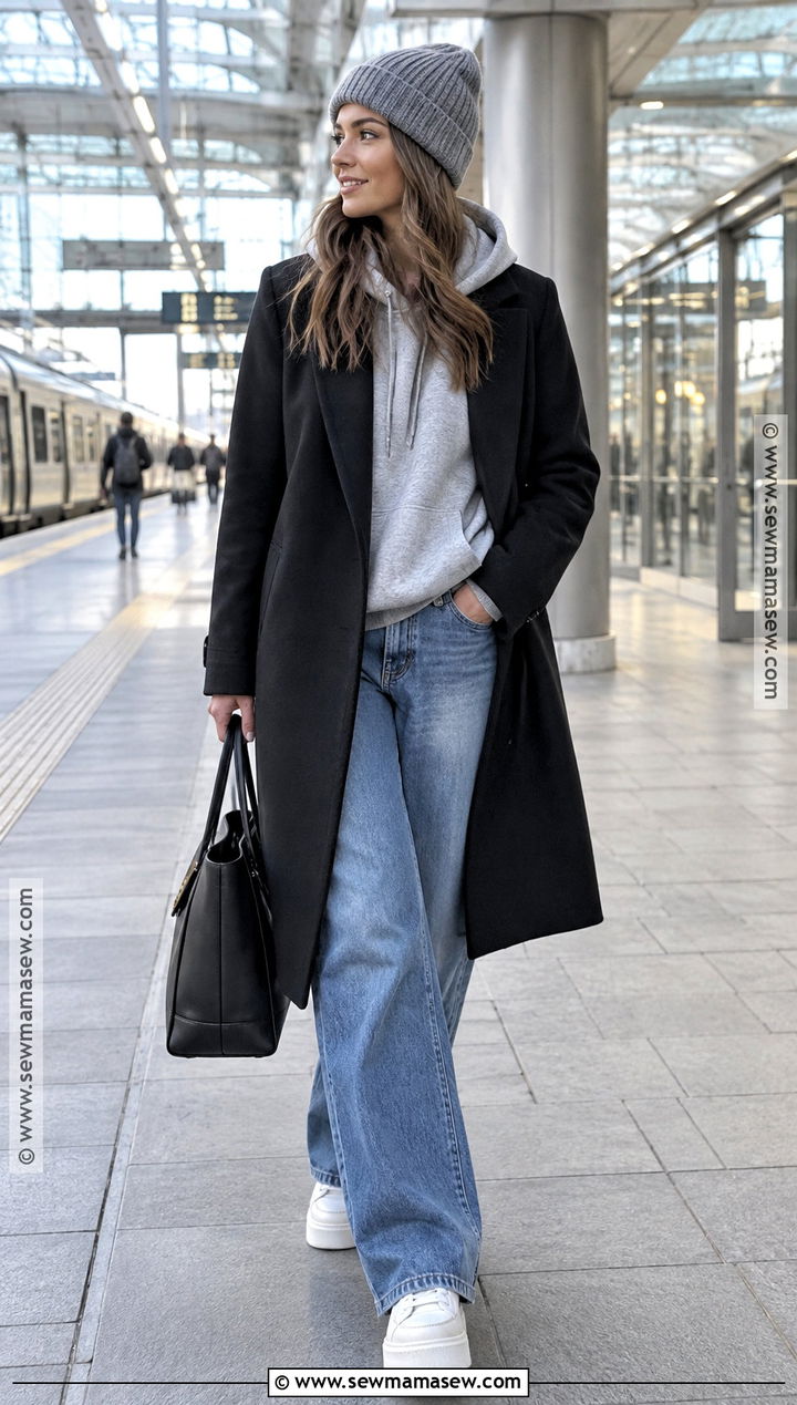 November Long Coat Hoodie and Wide Leg Jeans Outfit - 20 november clothes