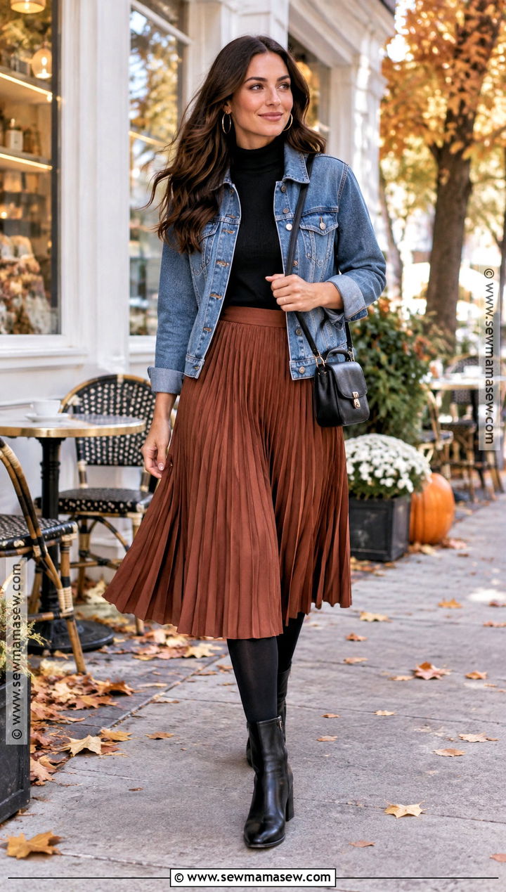 November Outfit With Denim Jacket And Midi Skirt - 20 november outfits fall