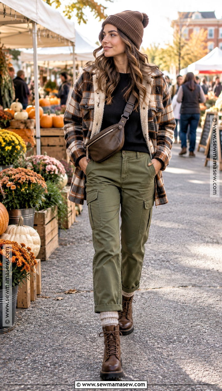 November Outfit With Plaid Shacket And Cargo Pants - 20 november outfits fall