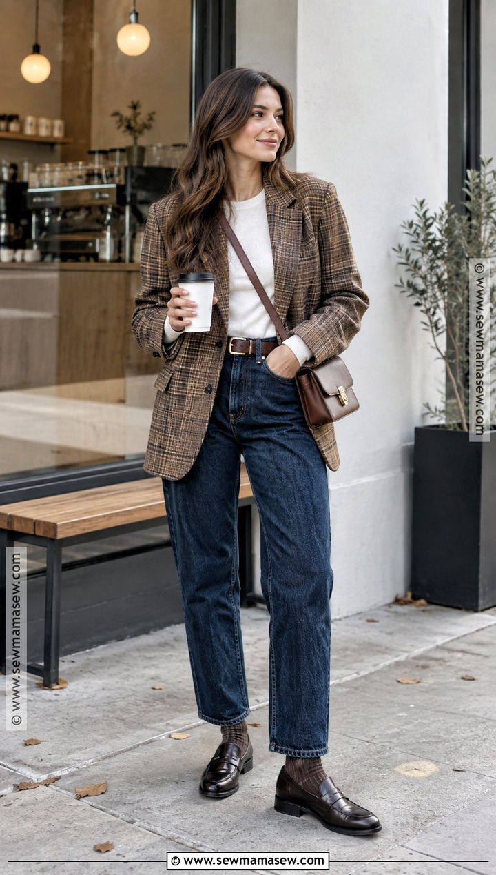 November Plaid Blazer and Straight Leg Jeans Outfit - 20 November Style Ideas