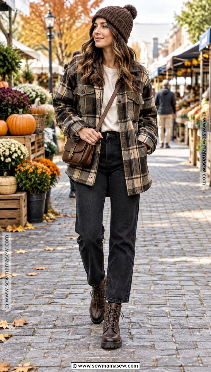 November Plaid Shacket T Shirt and Black Jeans Outfit - 20 november clothes