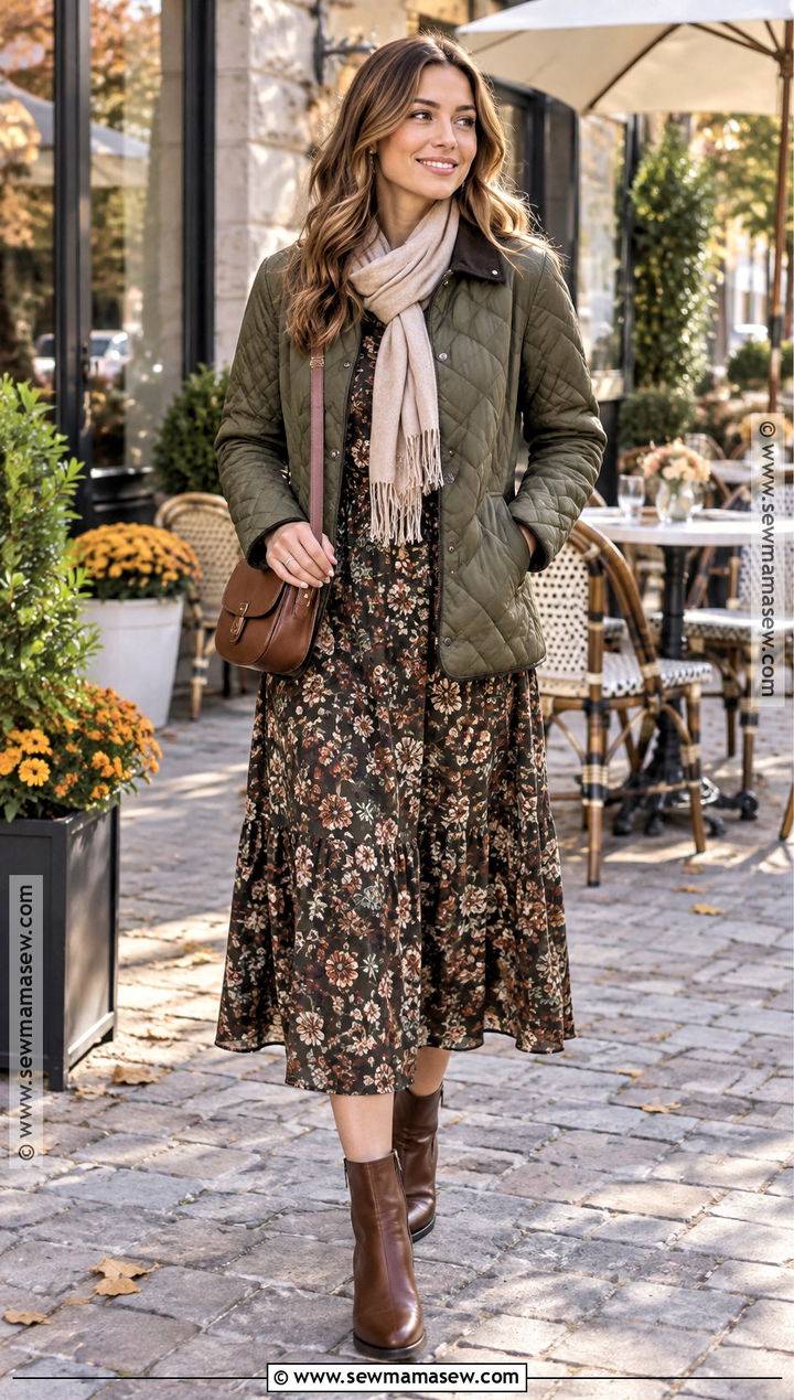November Quilted Jacket and Midi Dress Outfit - 20 November Style Ideas