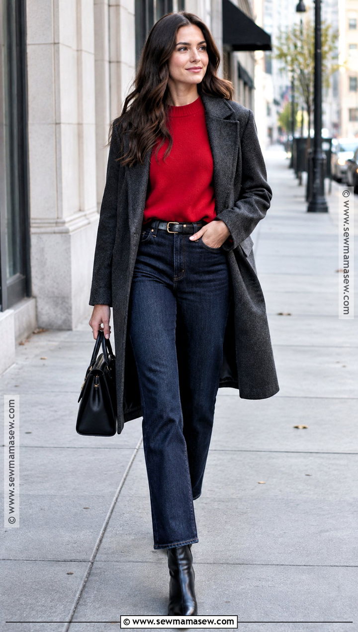 November Red Sweater and Dark Denim Outfit - 20 November Style Ideas