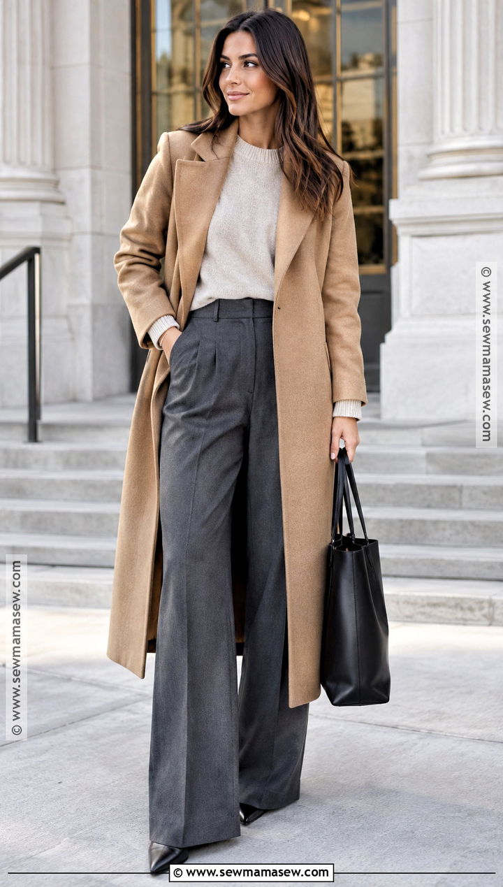 November Wool Coat And Wide Leg Trousers Outfit - 20 Outfits For November