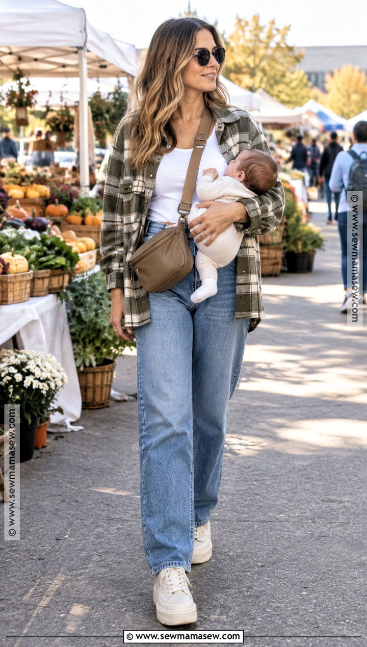 Nursing Tee With Shacket And Relaxed Jeans - 20 nursing friendly outfits fall