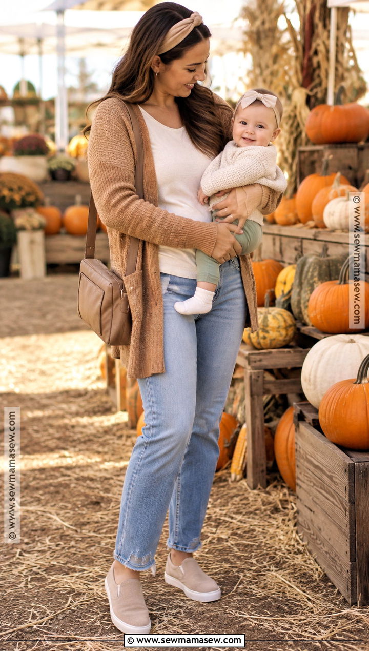 Nursing Tee and Open Cardigan Pumpkin Patch Outfit - 20 Pumpkin Patch Mom Outfit Ideas