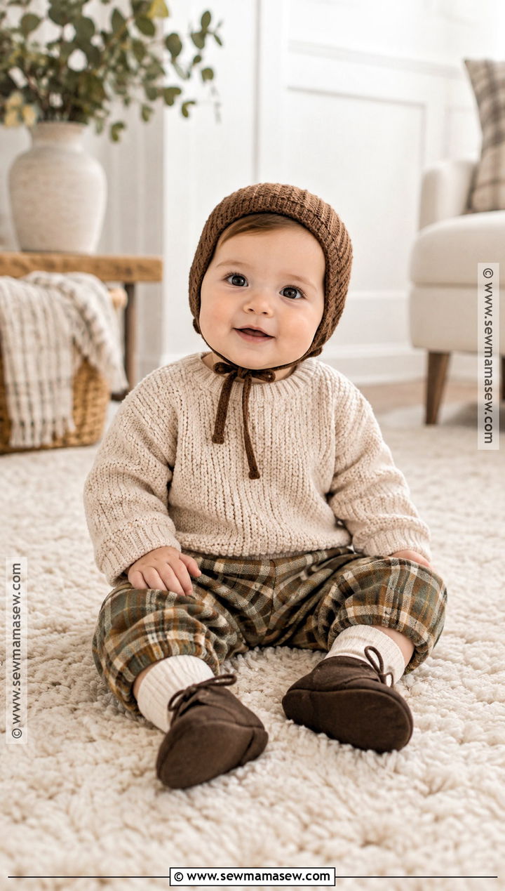 Oatmeal Baby Sweater With Plaid Pants - 15 Cute Baby Sweater Fall Ideas