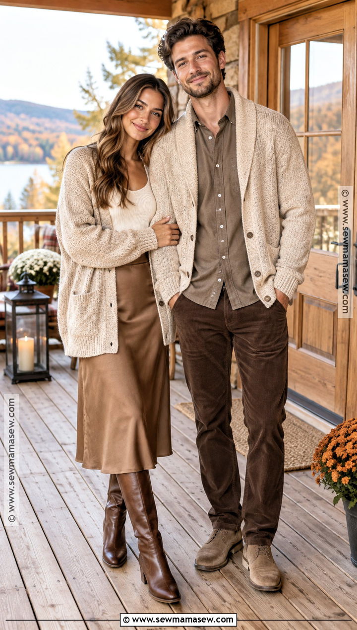 Oatmeal Cardigan And Corduroy Pants Fall Couples Photoshoot Outfit - 20 Fall Couples Photoshoot Outfits Neutral