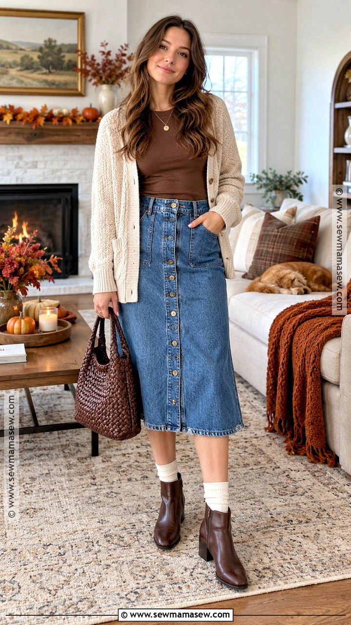 Oatmeal Cardigan With Button Front Jean Skirt - 20 Jean Skirt Thanksgiving Outfits