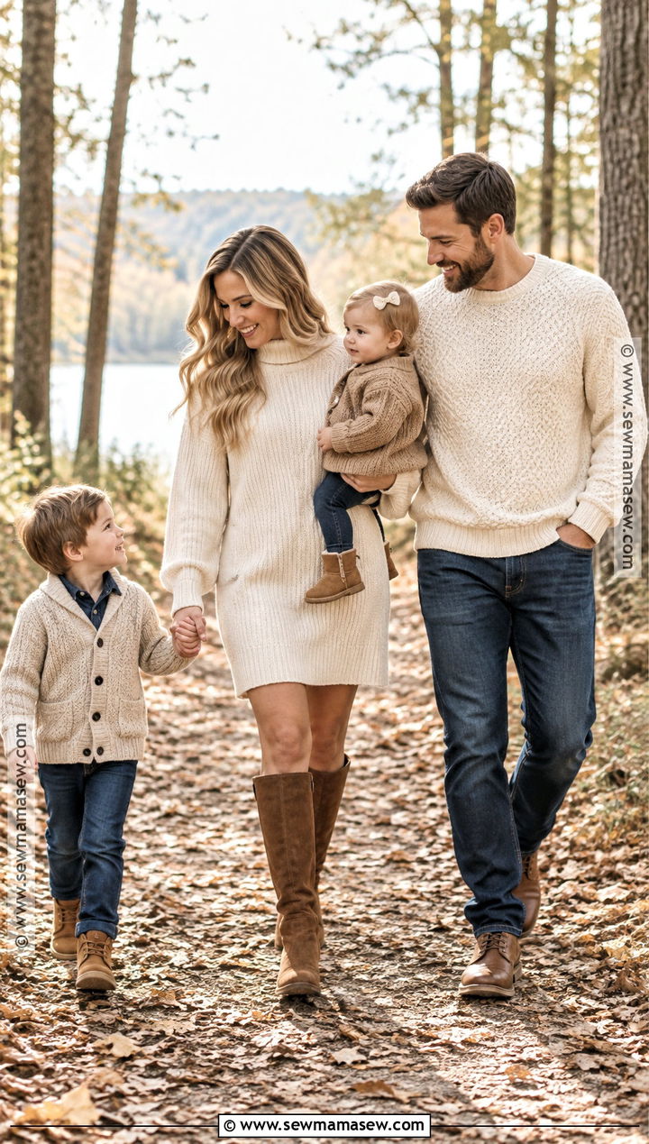 Oatmeal Knit And Dark Denim Fall Family Picture Outfits - 15 fall neutral outfits family pictures