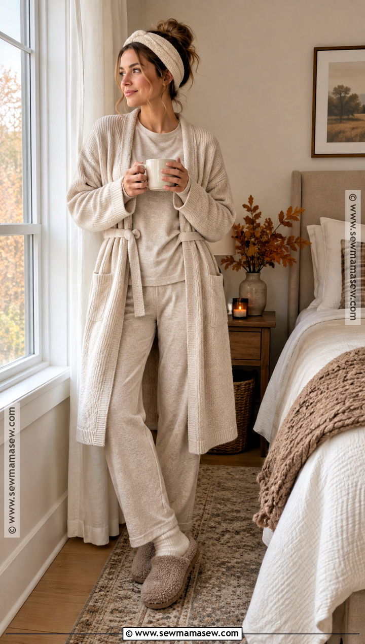 Oatmeal Pajama Set With Matching Robe - 20 Fall Pjs Aesthetic Ideas
