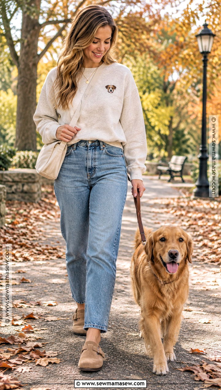 Oatmeal Pet Embroidered Sweatshirt Outfit With Mom Jeans - 20 Fall Embroidered Sweatshirts Ideas