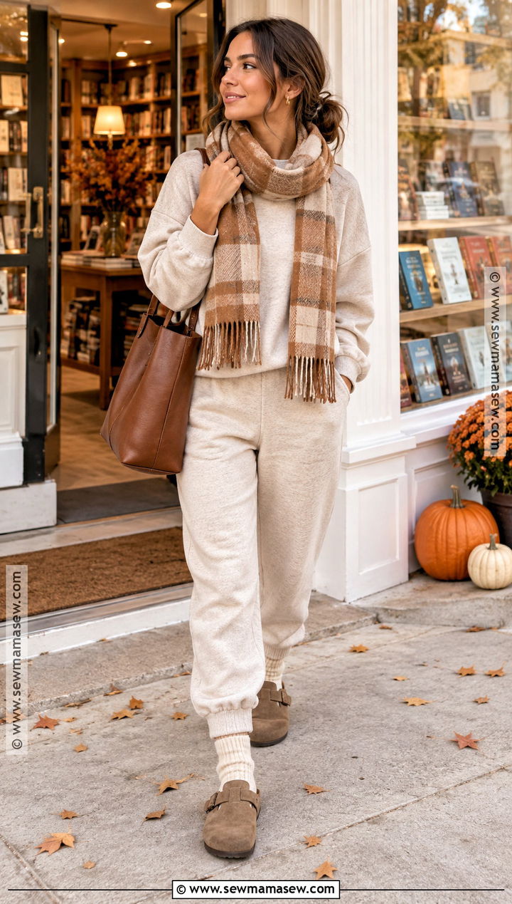 Oatmeal Sweat Suit With Scarf And Clogs - 15 fall sweat suit outfits
