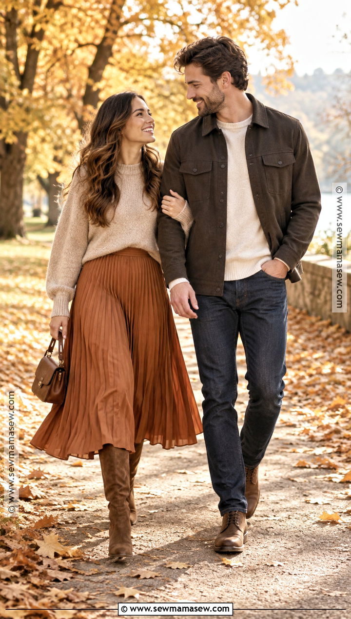Oatmeal Sweater And Pleated Skirt Fall Engagement Photo Outfit - 25 engagement photos outfits fall