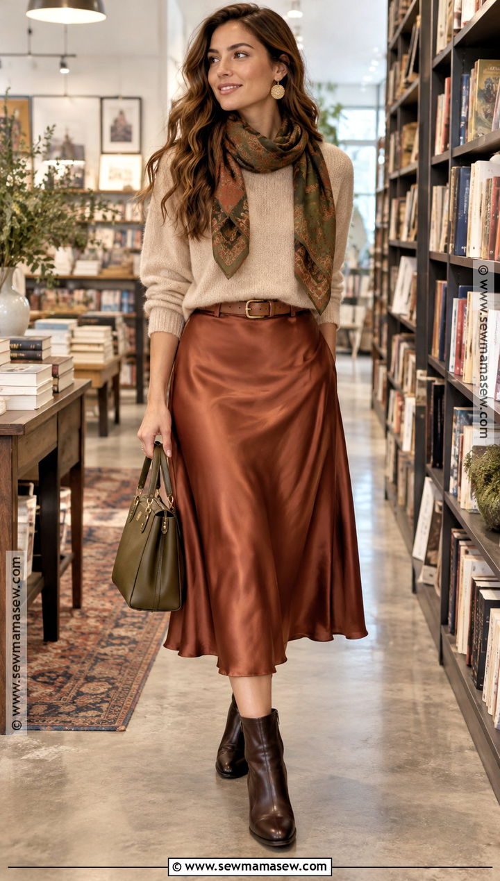 Oatmeal Sweater And Rust Midi Skirt Outfit - 20 House Of Colour Autumn Outfits