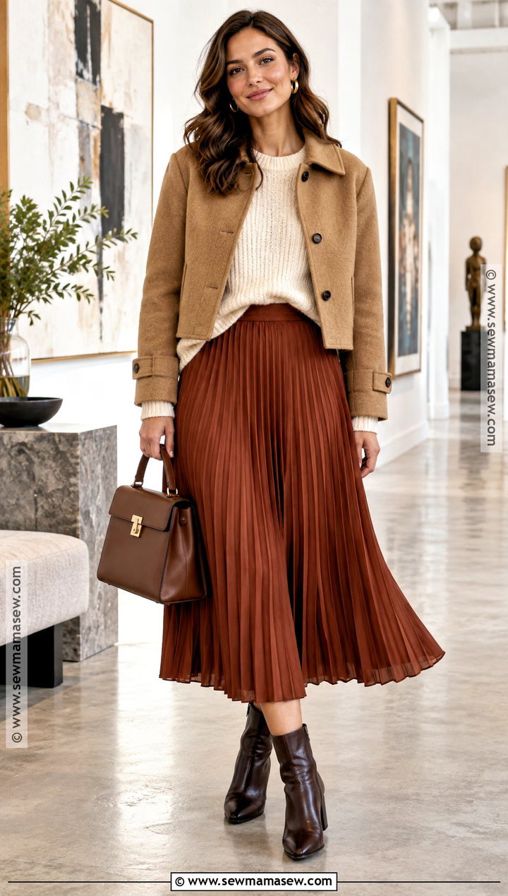 Oatmeal Sweater And Rust Midi Skirt Outfit - 15 Warm Fall Color Palette Clothes
