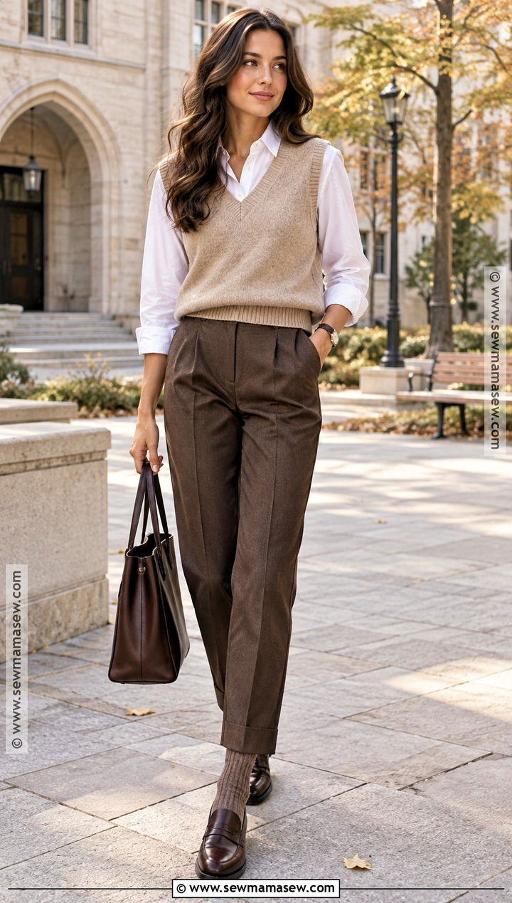 Oatmeal Sweater Vest With White Button Down Shirt - 15 cozy sweater for fall ideas