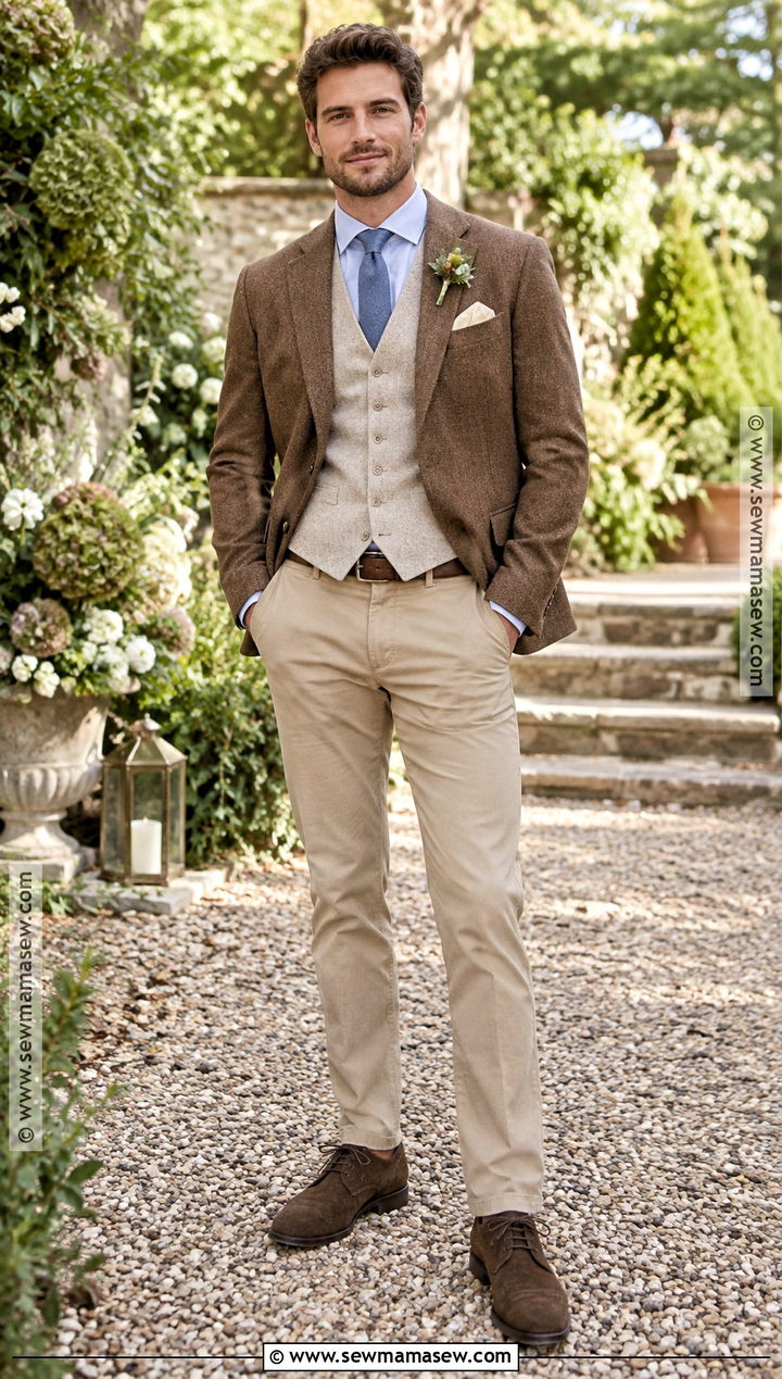 Oatmeal Wool Groom Vest With Khaki Trousers - 15 fall groom attire vest ideas