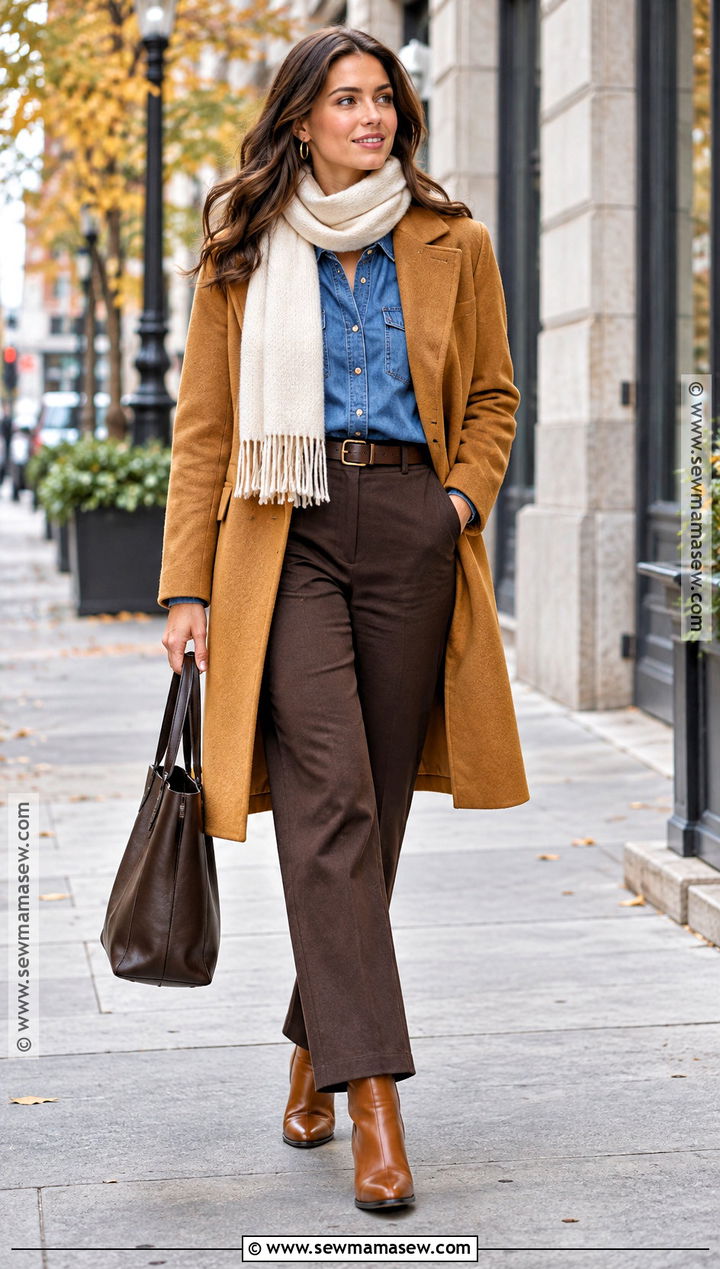 Ochre Coat And Denim Shirt Outfit - 20 Autumn Tone Outfits