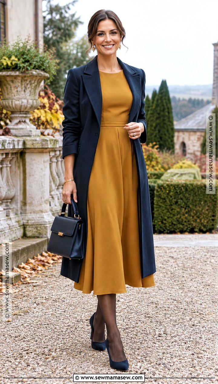 Ochre Crepe Midi Wedding Guest Outfit - 20 cold fall wedding guest outfit ideas