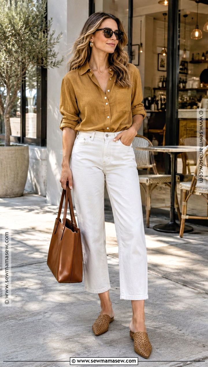 Ochre Shirt and White Jeans Outfit - 15 Summer Outfits Autumn Colors