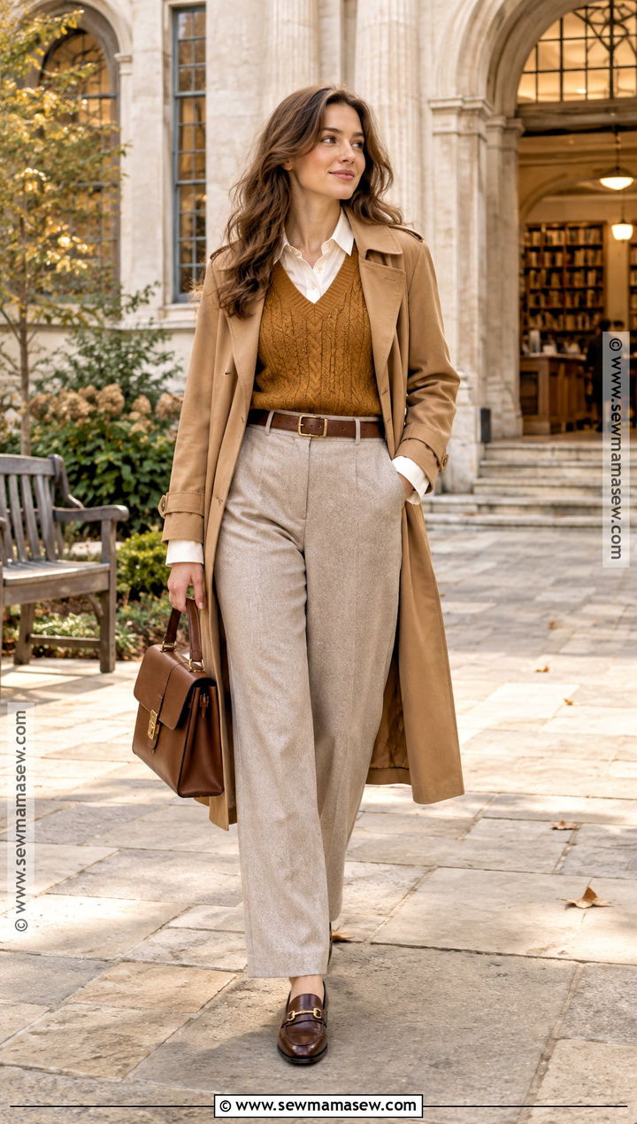 Ochre Sweater Vest And Cream Trousers Autumn Outfit - 20 Autumn Colour Palette Outfits