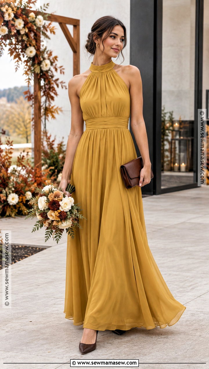 Ochre Yellow High Neck Bridesmaid Dress - 15 Yellow Fall Bridesmaid Dresses