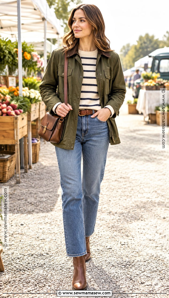 October Barn Jacket With Striped Sweater And Jeans - 20 Warm October Outfits