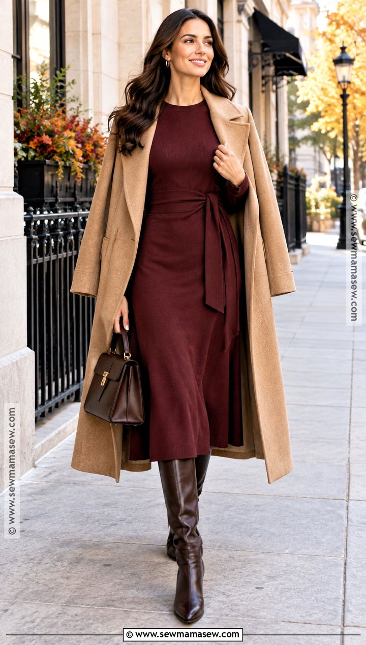 October Burgundy Dress With Long Coat - 20 october dress ideas