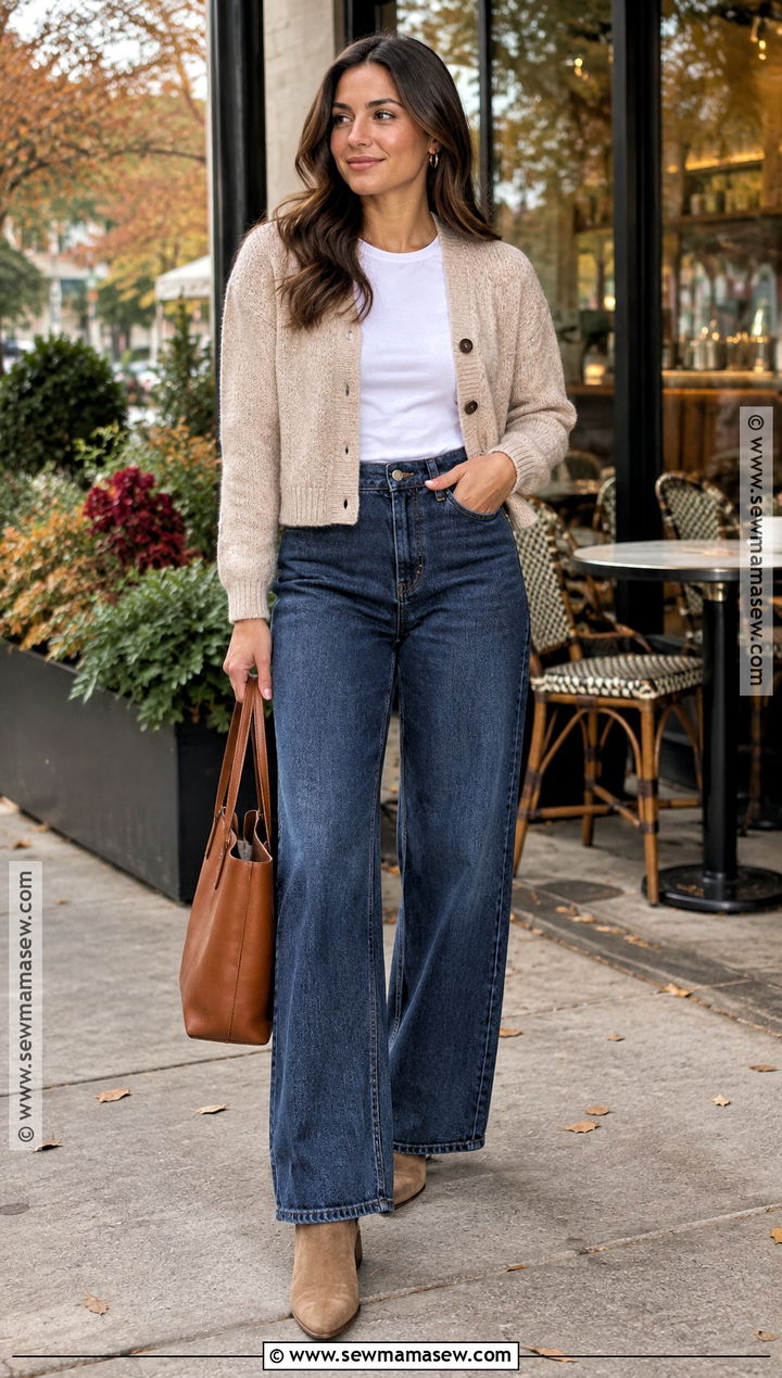 October Cardigan And Wide Leg Jeans Outfit - 15 October Inspo Outfits