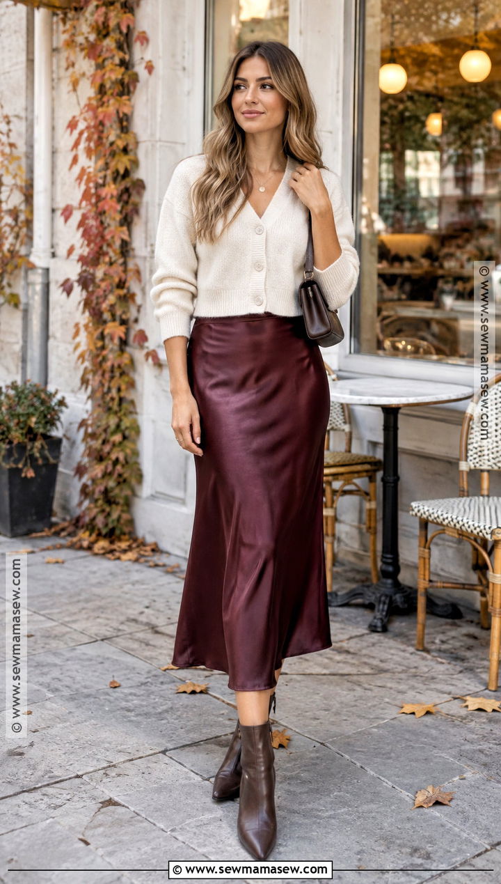 October Cardigan and Satin Midi Skirt Outfit - 25 october fits