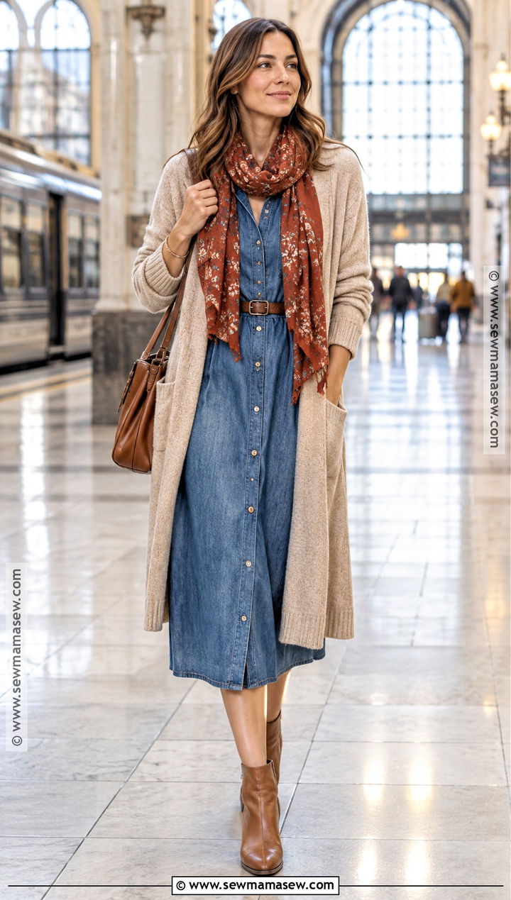 October Chambray Dress With Long Cardigan - 20 october dress ideas