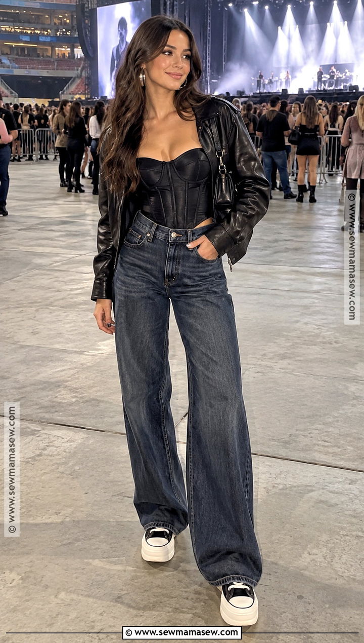 October Concert Outfit With Corset Top And Wide Leg Jeans - 20 October Concert Outfit Ideas