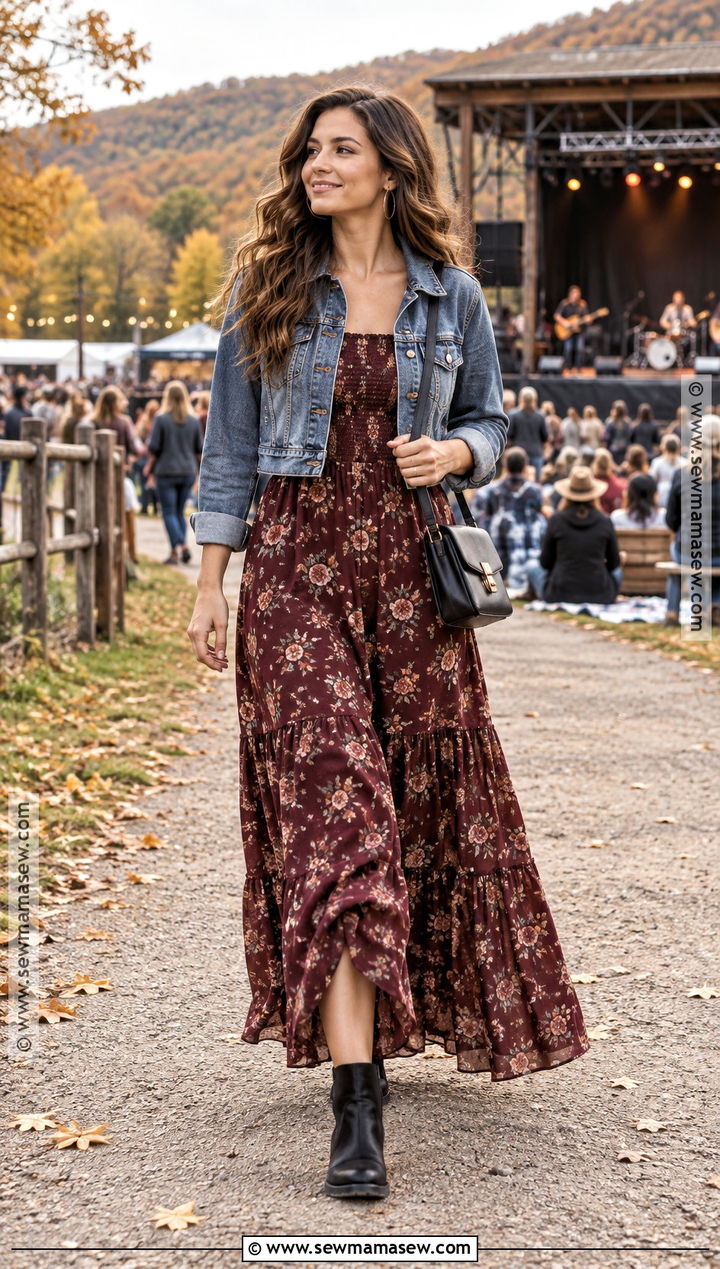 October Concert Outfit With Denim Jacket And Maxi Dress - 20 October Concert Outfit Ideas