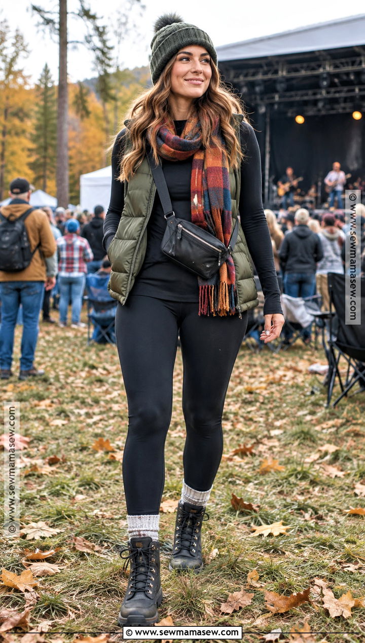 October Concert Outfit With Puffer Vest And Leggings - 20 October Concert Outfit Ideas