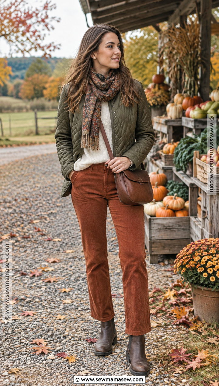 October Countryside Outfit With Quilted Jacket And Corduroy Pants - 15 october vacation outfits